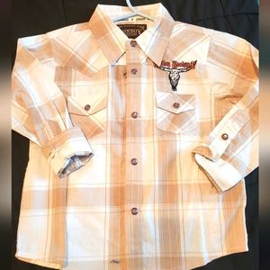 Cowboy Hardware Size 3t  Pearl Snap long sleeve shirt White and Tan~ Brown/Blue